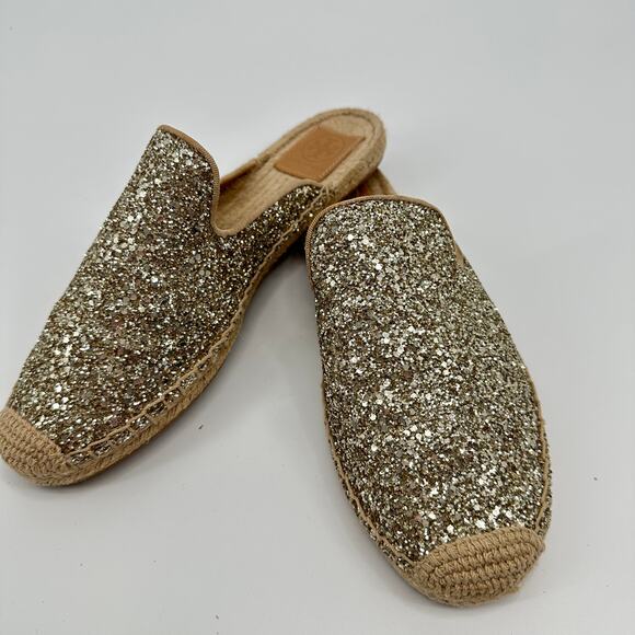 Tory Burch Max Gold Glitter Mule Slide Jute Espadrille Mules Cap Toe Womens 8.5M - Picture 1 of 12
